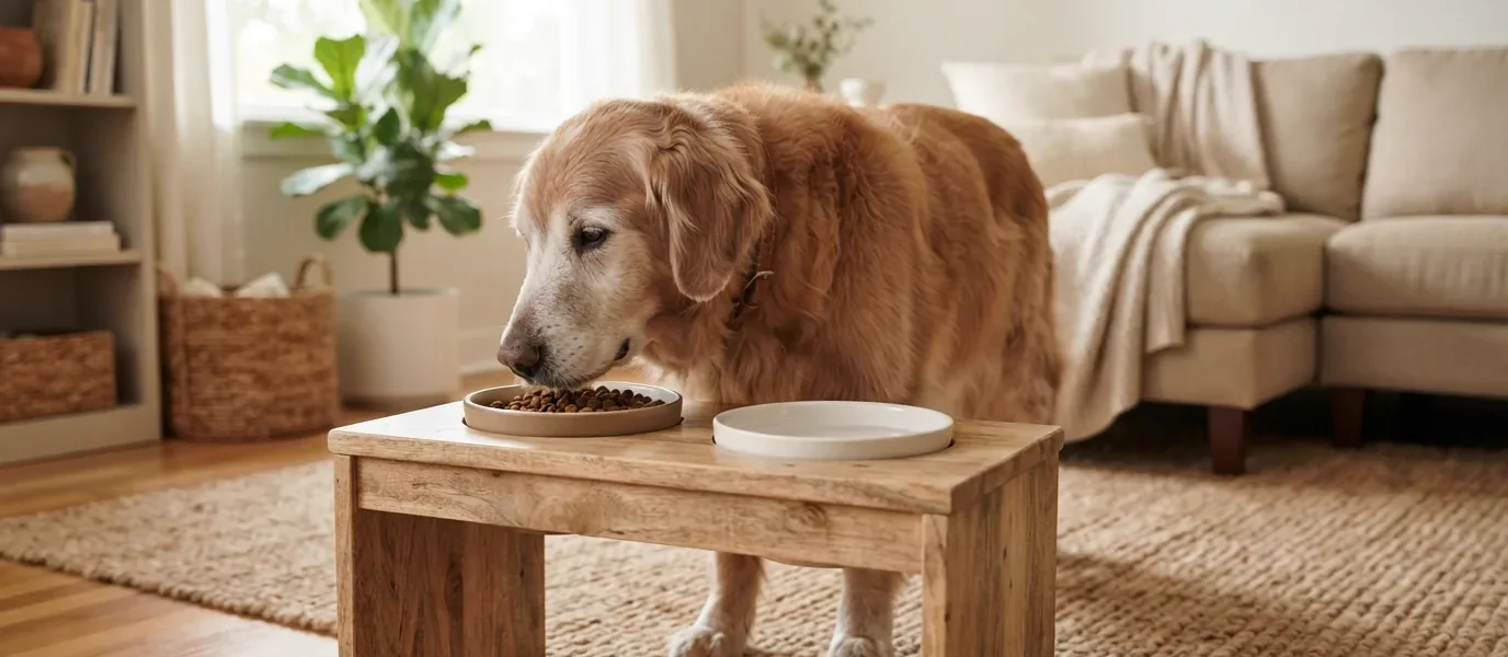 Cão golden retriever idoso comendo ração em um comedouro elevado de madeira posicionado na altura adequada para sua postura.