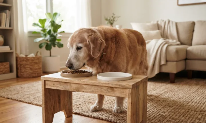 Cão golden retriever idoso comendo ração em um comedouro elevado de madeira posicionado na altura adequada para sua postura.