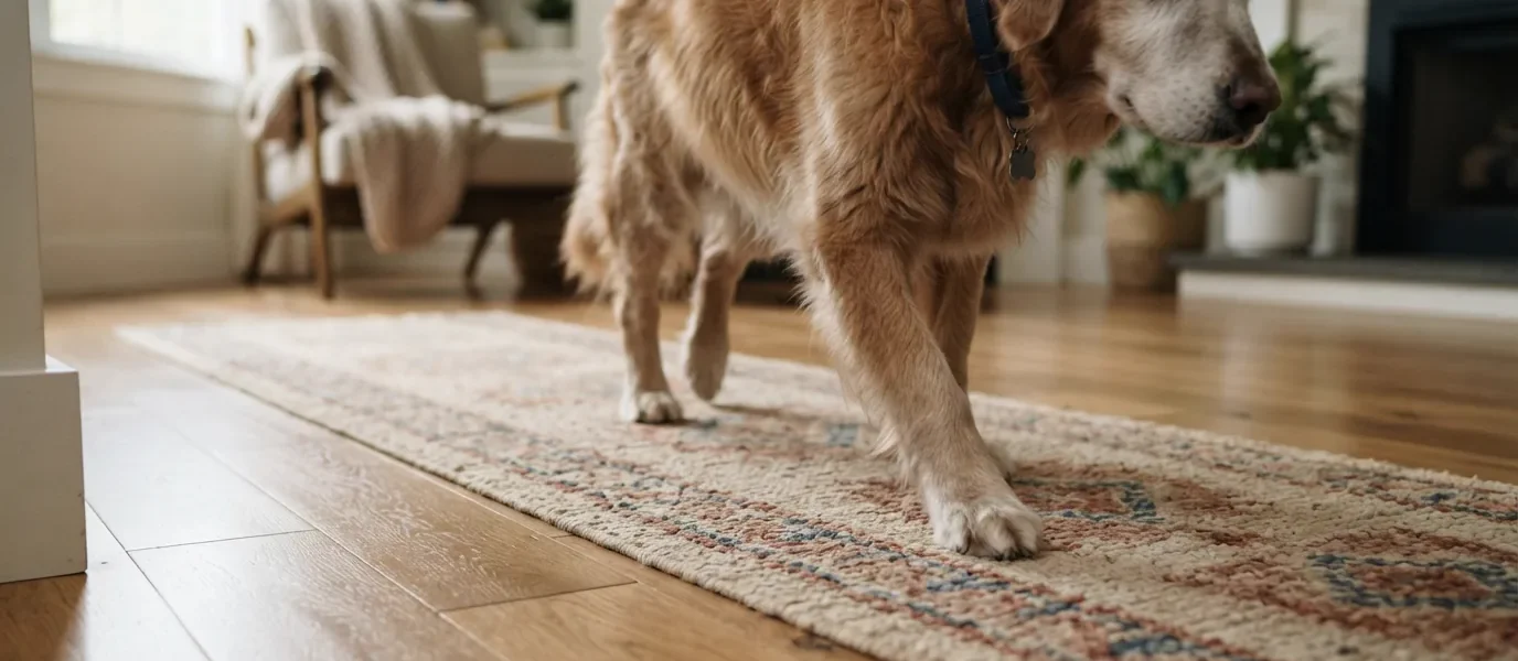 Cão idoso de pelagem dourada caminhando com cuidado sobre uma passadeira em piso de madeira em uma sala de estar.