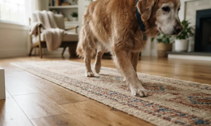 Cão idoso de pelagem dourada caminhando com cuidado sobre uma passadeira em piso de madeira em uma sala de estar.