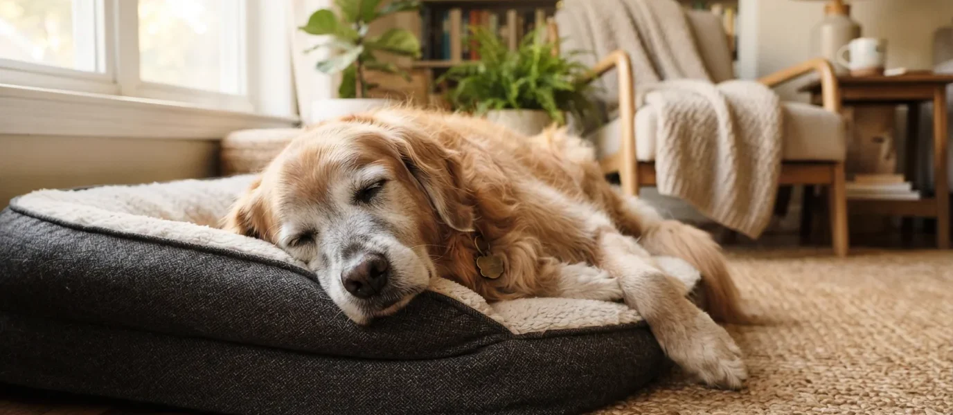 Cão idoso de pelagem dourada dormindo profundamente em sua cama macia na sala de estar.