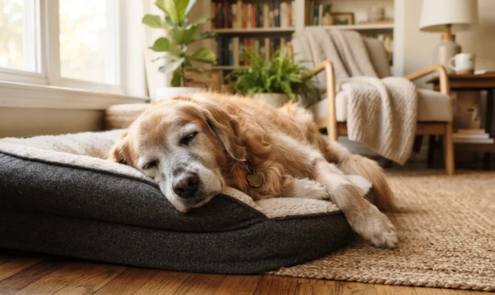 Cão idoso de pelagem dourada dormindo profundamente em sua cama macia na sala de estar.