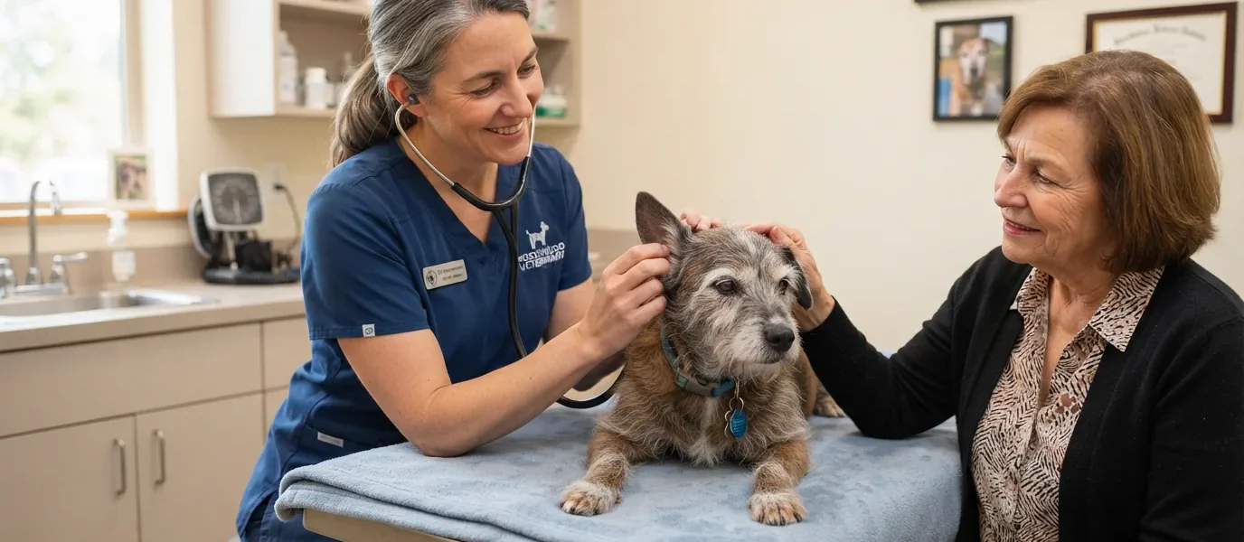 Veterinária examinando um cachorro idoso deitado na maca, acompanhado pela tutora em um consultório.