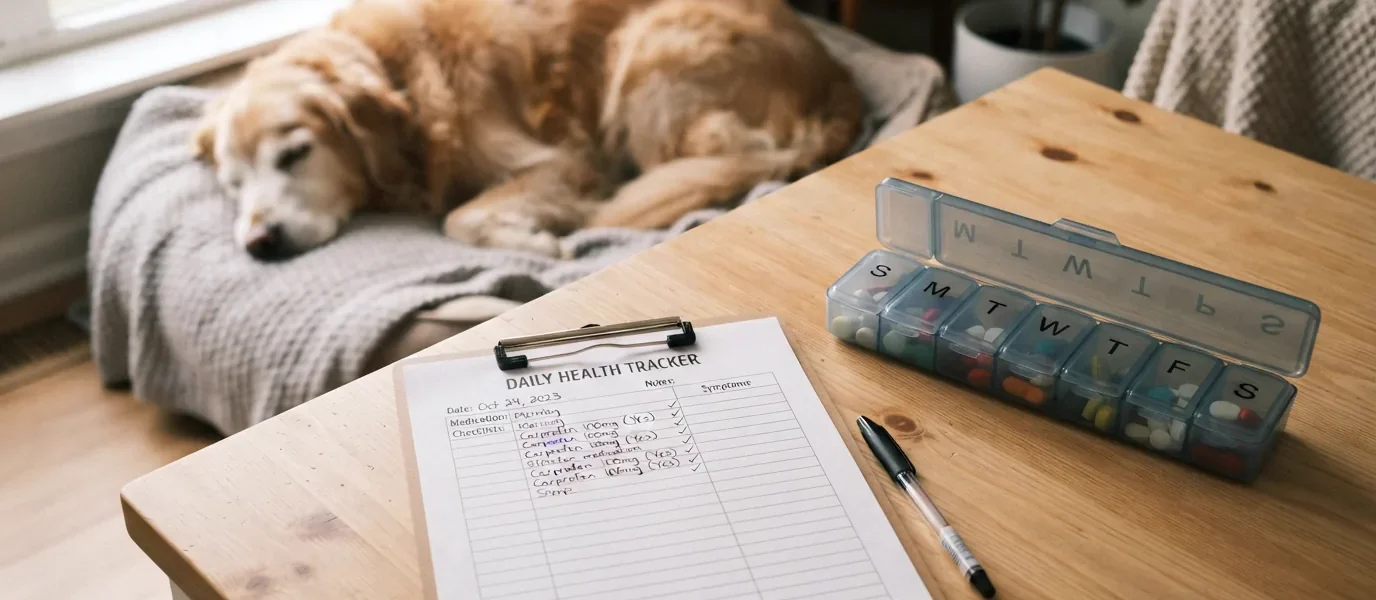 Prancheta com checklist de saúde diária e um organizador semanal de comprimidos sobre uma mesa de madeira, enquanto um cachorro idoso descansa ao fundo.