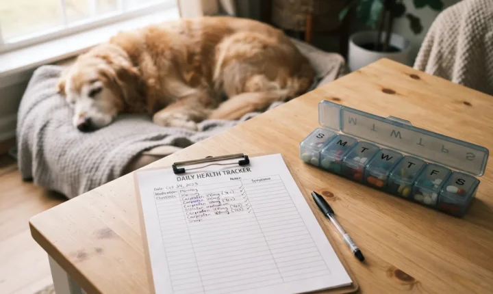 Prancheta com checklist de saúde diária e um organizador semanal de comprimidos sobre uma mesa de madeira, enquanto um cachorro idoso descansa ao fundo.